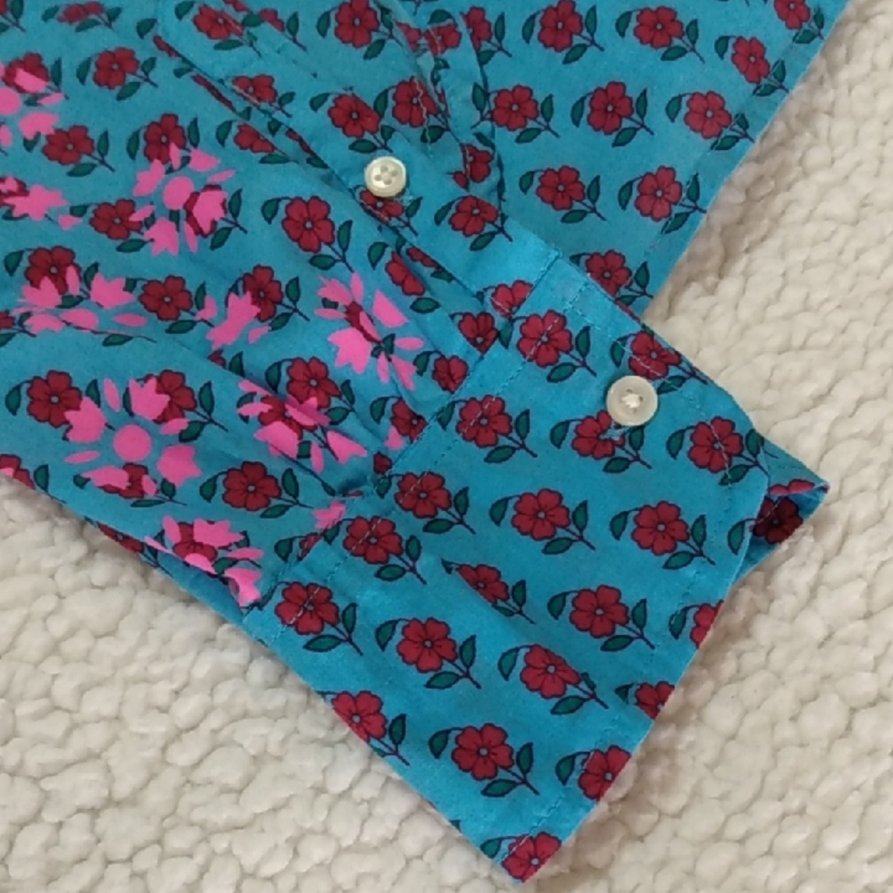 J. Crew Re-imagined Blue Button-up Floral Shirt with Pink Floral Accents WMNS -M - Picture 15 of 15
